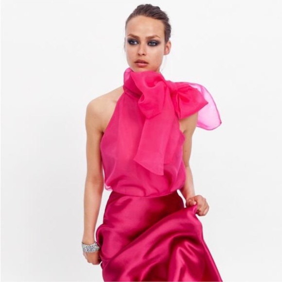Zara Pink Sheer Blouse with Bow - Picture 2 of 5